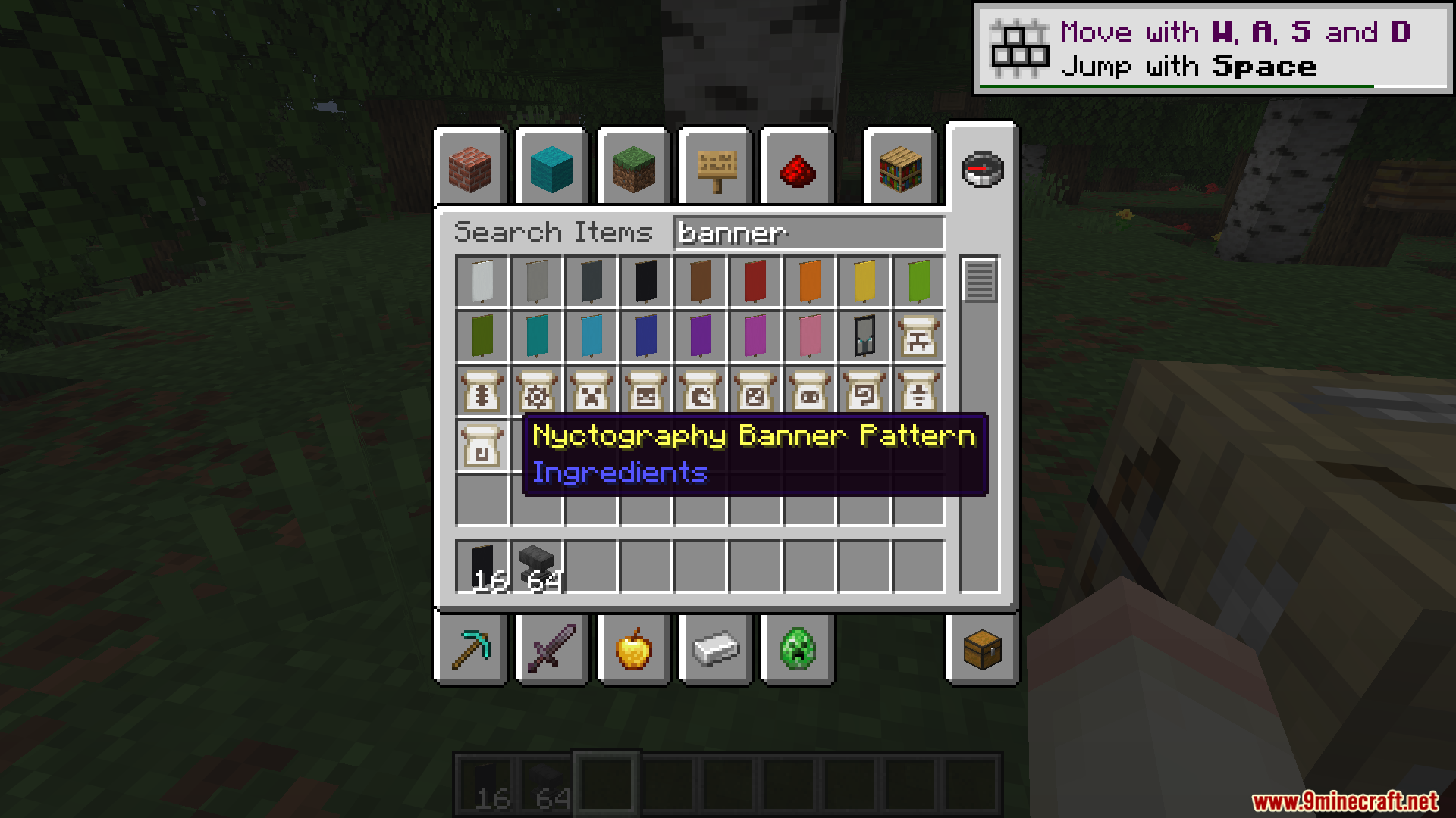 Selecting the Nyctography Banner Pattern item from the creative inventory search menu
