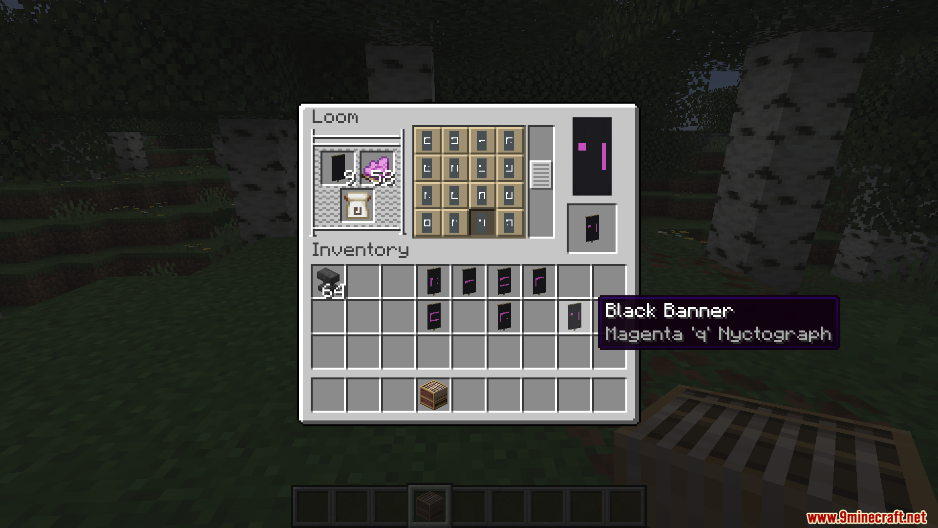 A player crafts a black banner with a magenta Nyctograph symbol