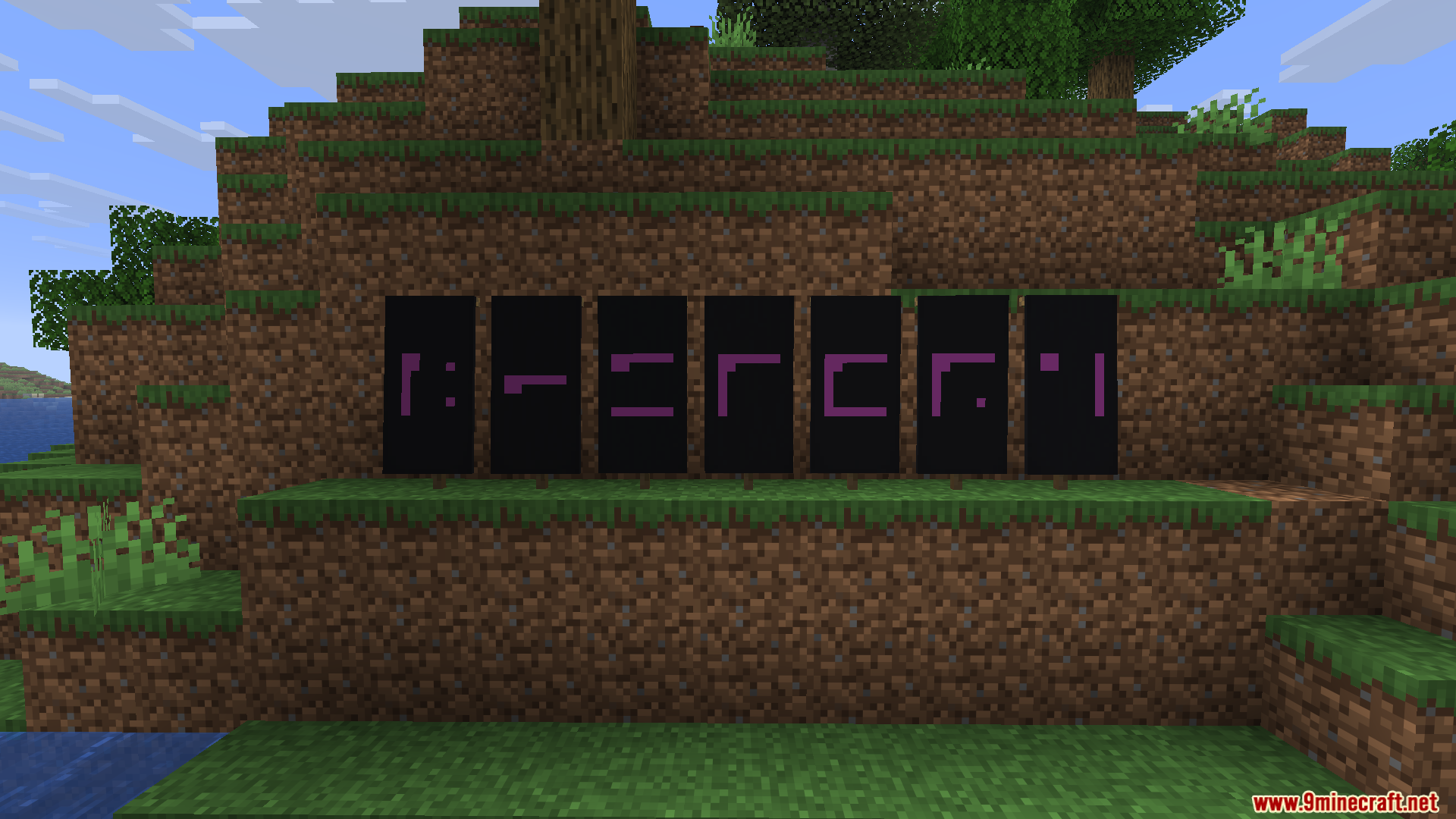 Seven black banners with magenta secret symbols displayed on a dirt hill
