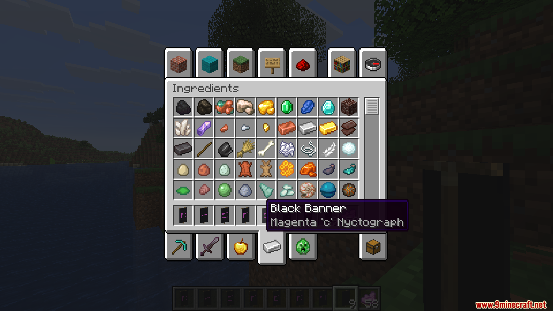 Minecraft inventory screen displaying black banners with magenta secret code symbols