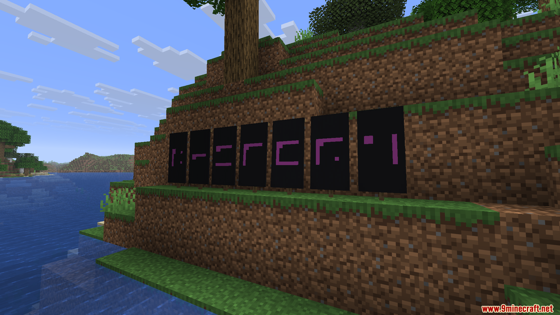 Seven black banners with magenta secret symbols placed on a dirt hillside