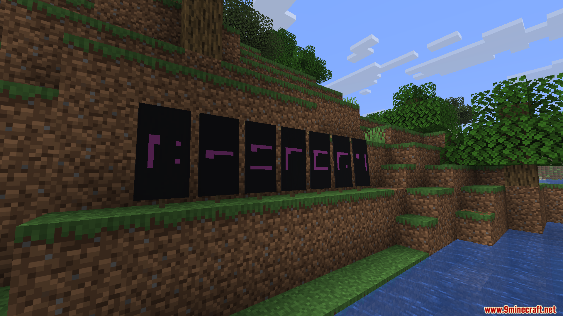 Black banners displaying purple Nyctography symbols placed on a grassy dirt hill