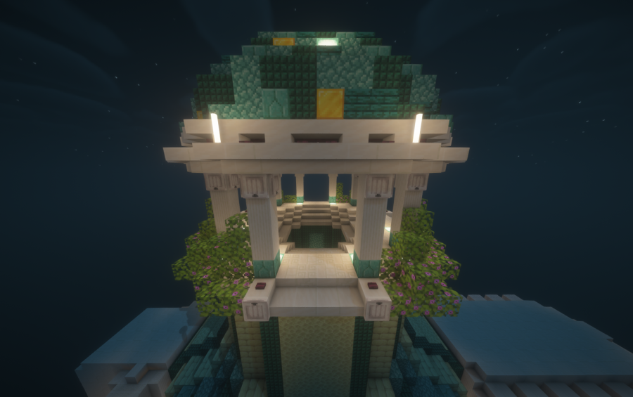 Oceanic Trading Hall Schematic Screenshots 1 A white gazebo with a green prismarine dome and flowering azalea bushes