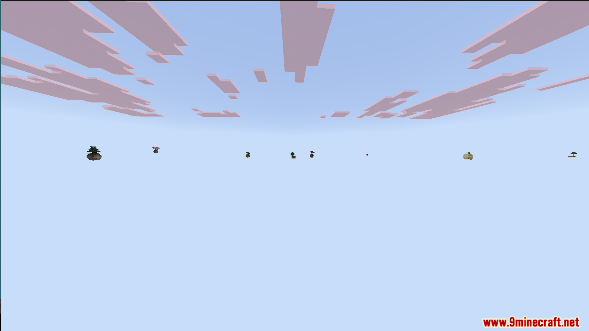 Multiple floating islands and biomes scattered across a vast empty sky