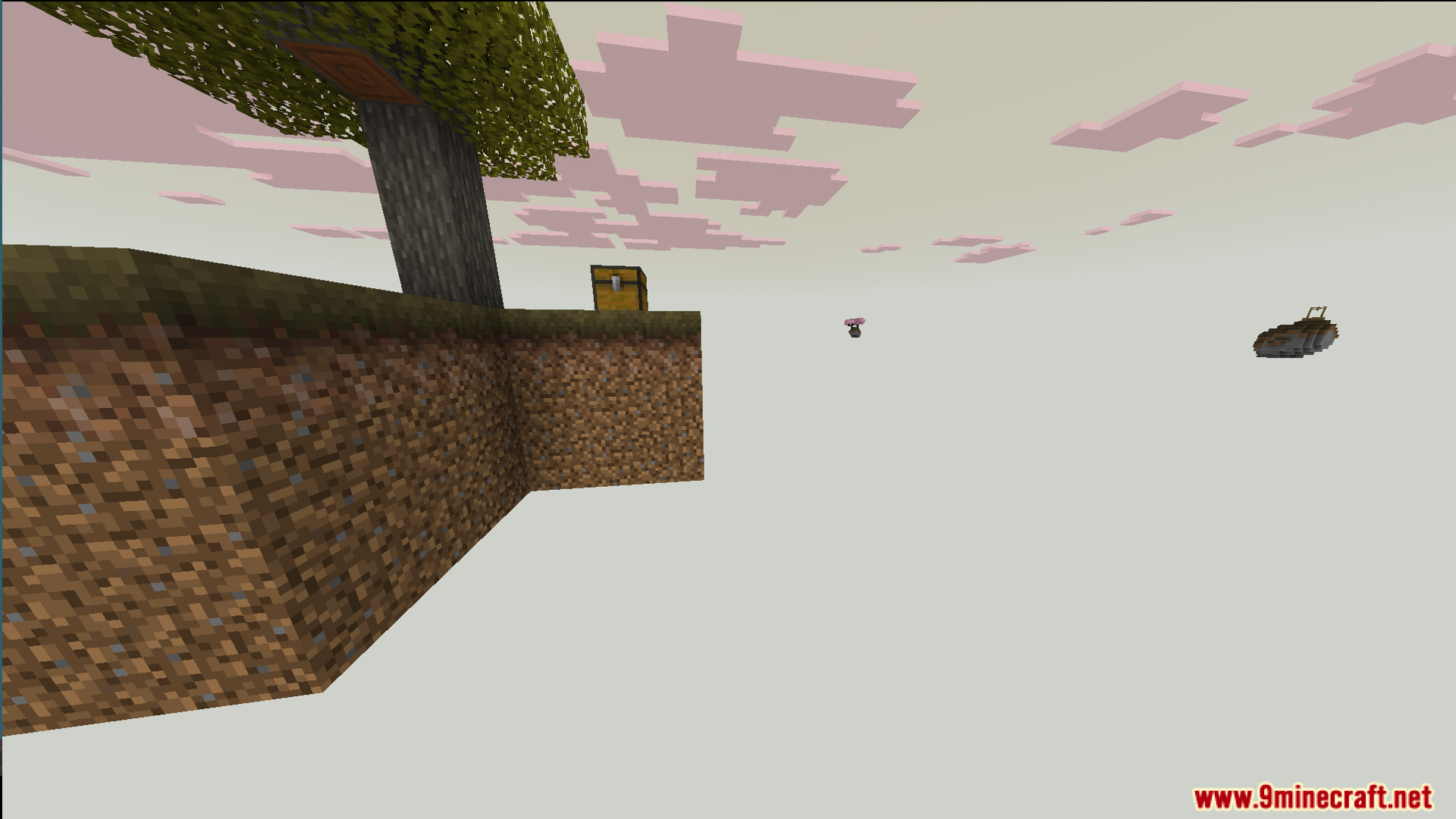 Small floating grass island with a tree and chest under pink clouds