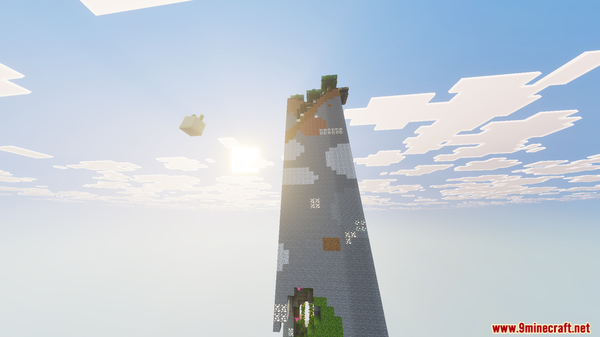 A tall vertical pillar of blocks reaching into the sky for survival