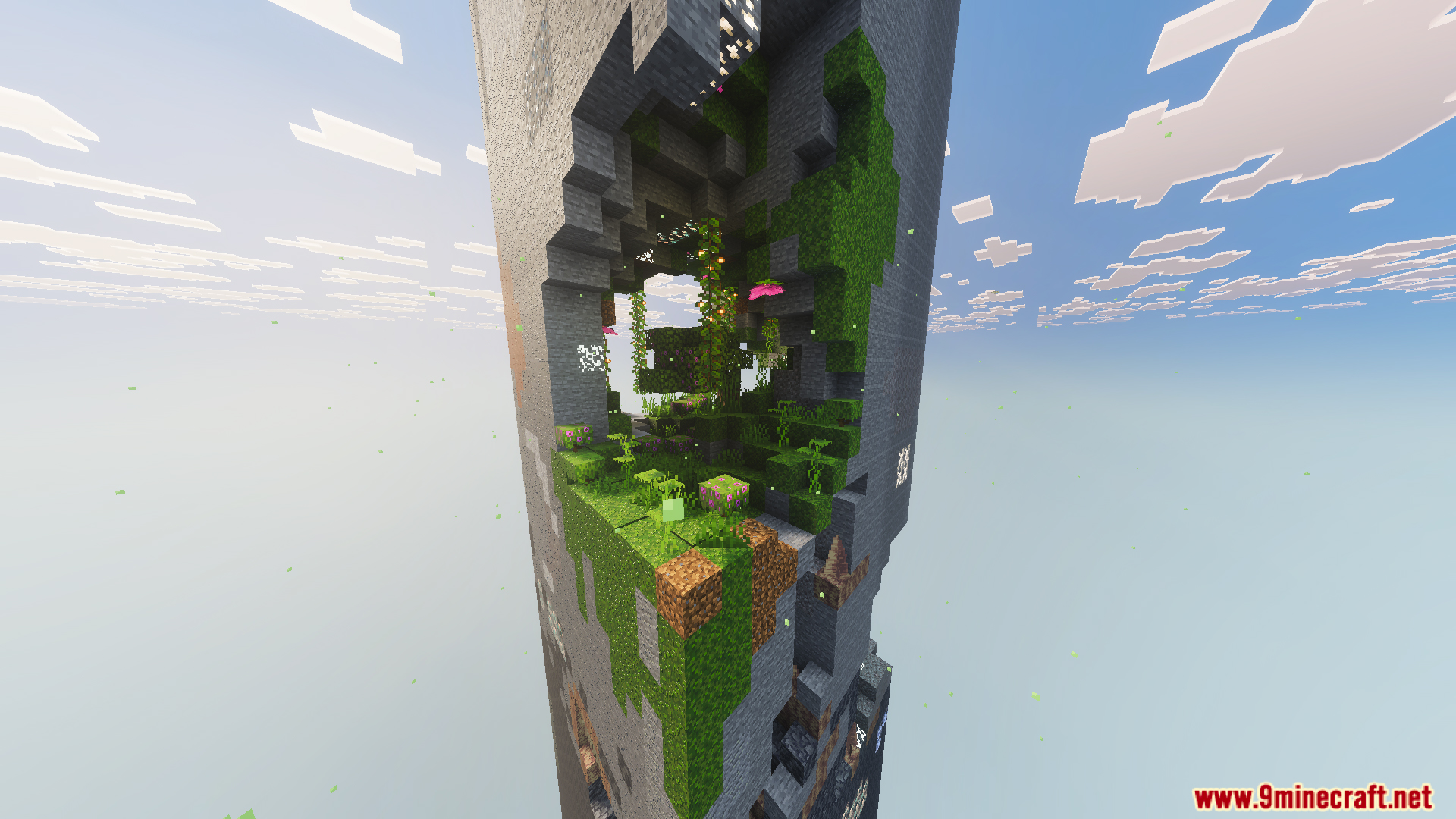 Lush cave biome with vines and moss inside the vertical stone pillar
