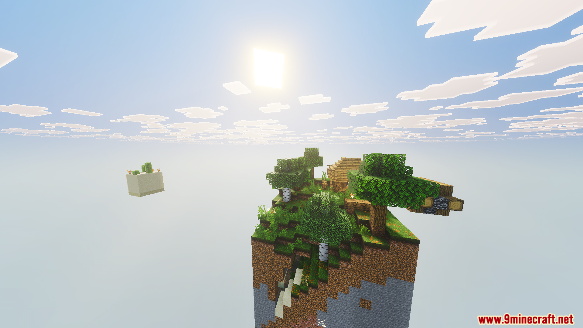 Grassy surface of a single chunk with trees and a small house