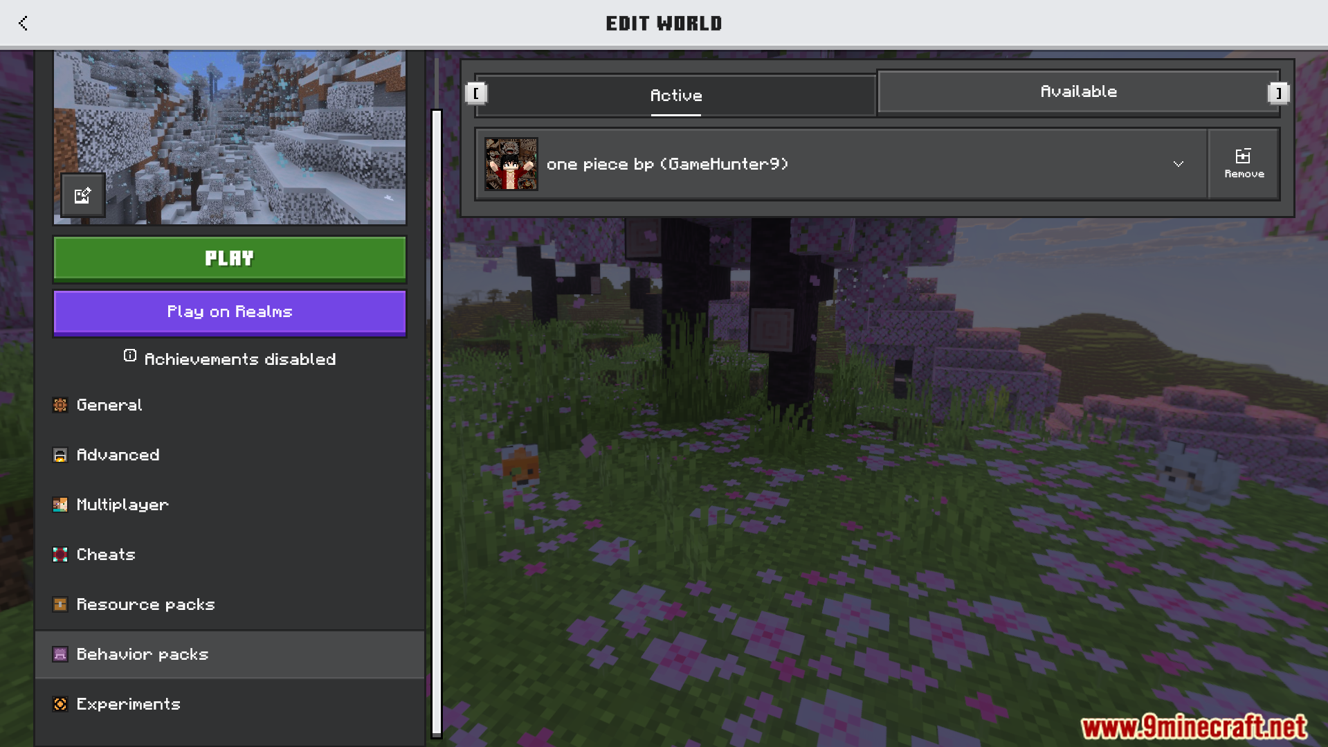 Minecraft world settings menu showing the active One Piece Addon behavior pack