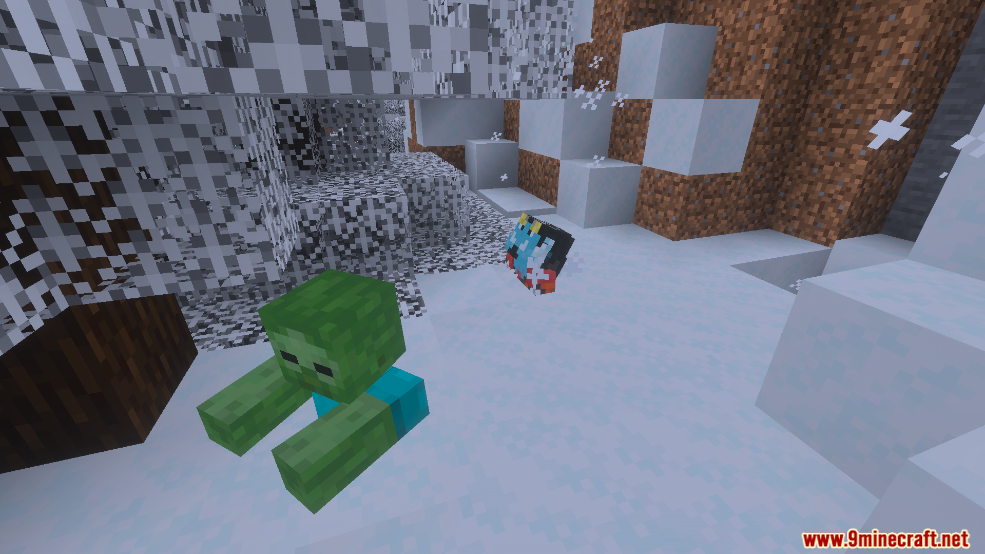 Custom crew member character standing near a zombie in a snowy biome