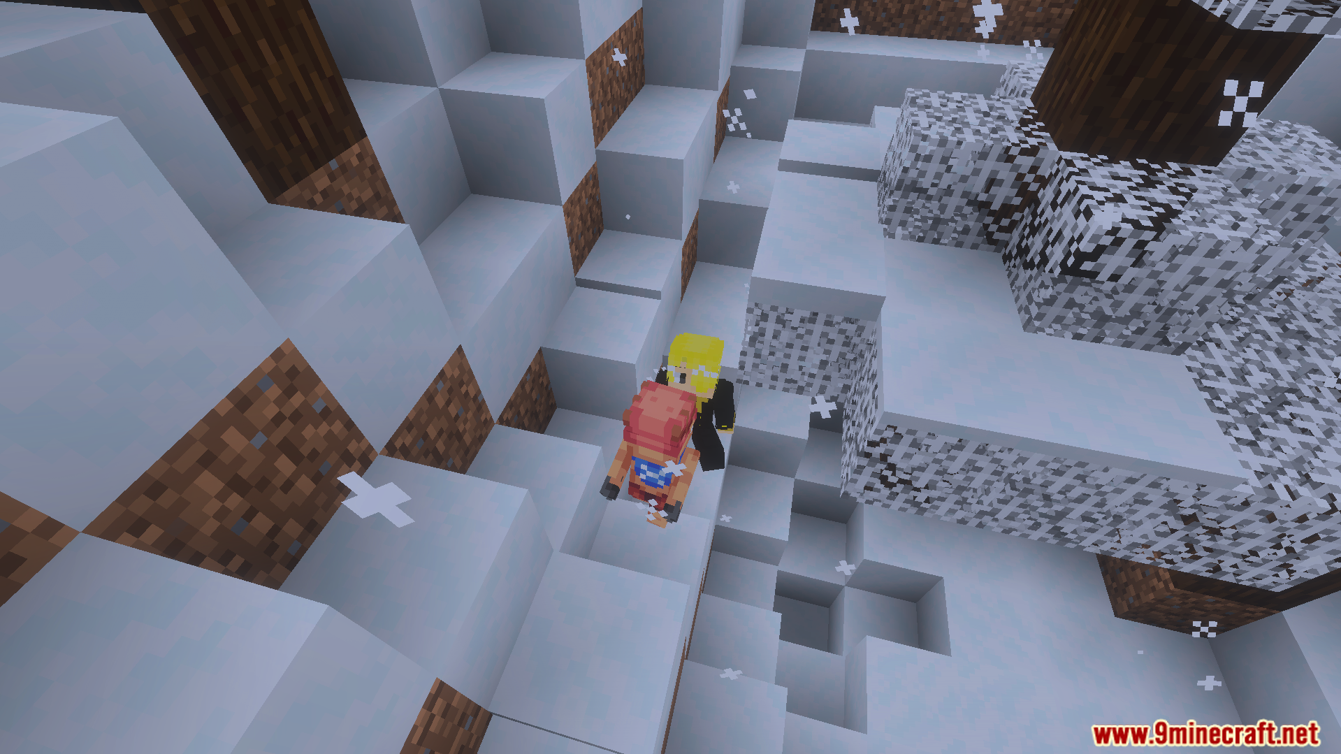One Piece crew members standing together in a snowy mountain biome in Minecraft