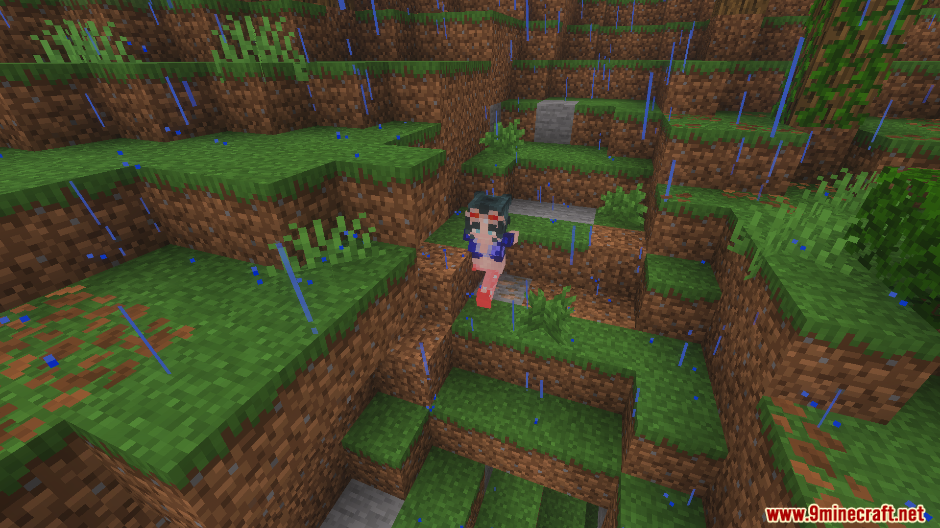 Anime character running through a rainy forest biome during a storm in Minecraft