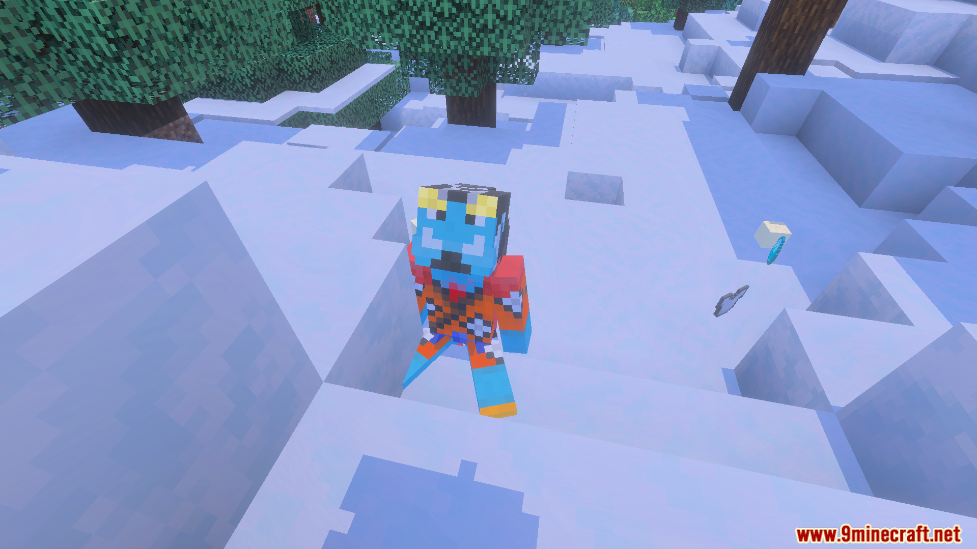 Blue skinned crew member with a unique model in a snowy biome