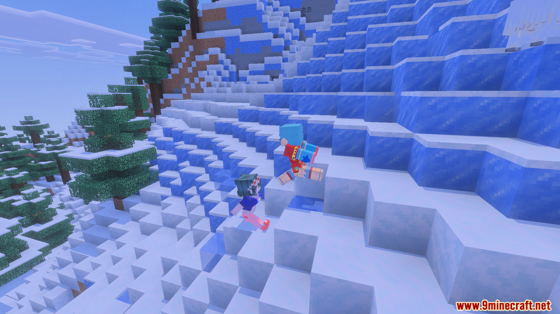 Luffy and Nami running across a steep snowy mountain in the game