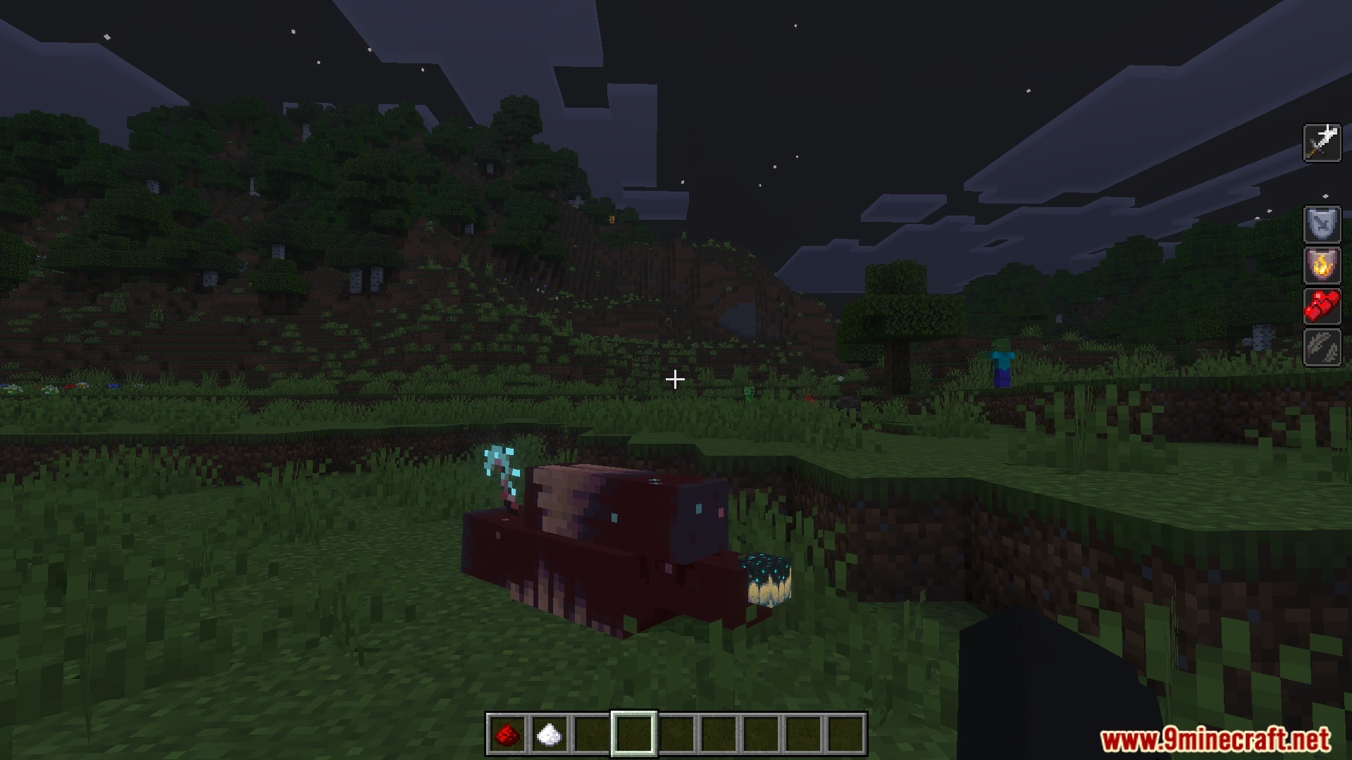 One Punch Player Addon Screenshot 5 A player stands before a large dark creature in a grassy night field