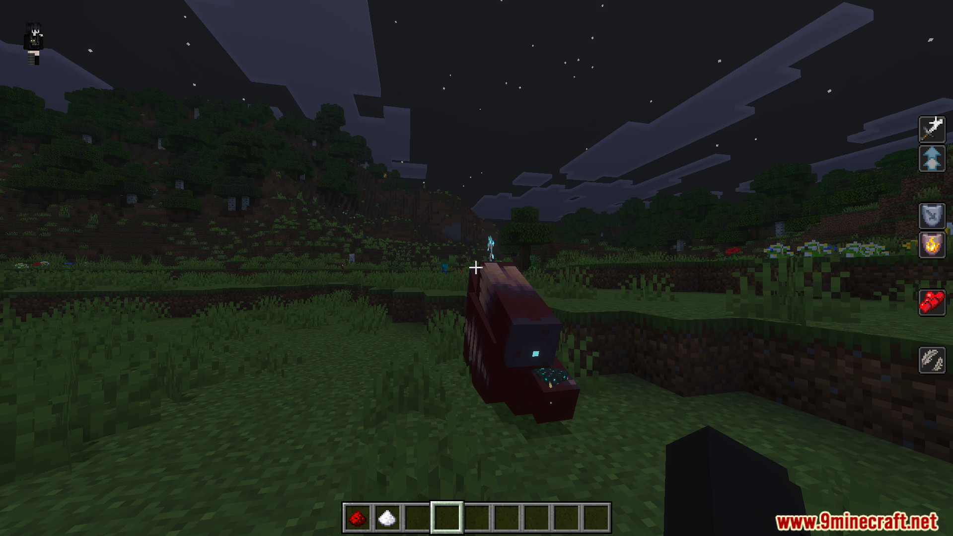 One Punch Player Addon Screenshot 6 The player observes a large dark mob standing in a grassy field at night