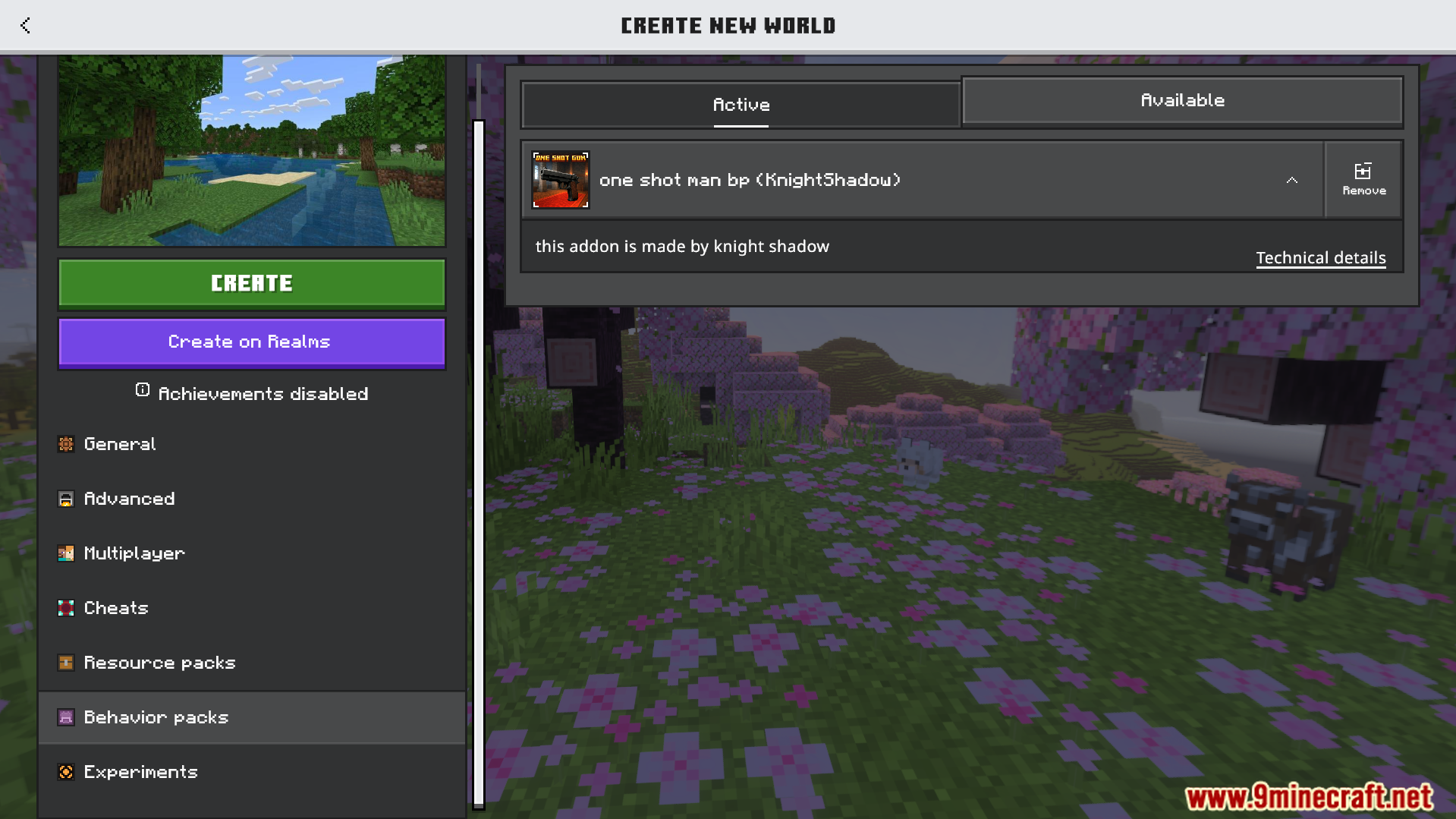 One Shot Gun Addon Screenshot 1 Minecraft world creation menu showing the active One Shot Gun behavior pack