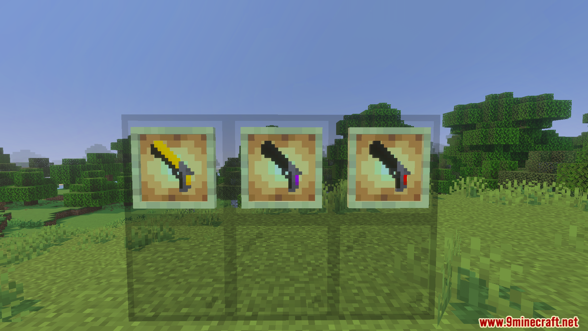 One Shot Gun Addon Screenshot 6 Three different colored one shot guns displayed inside wooden item frames
