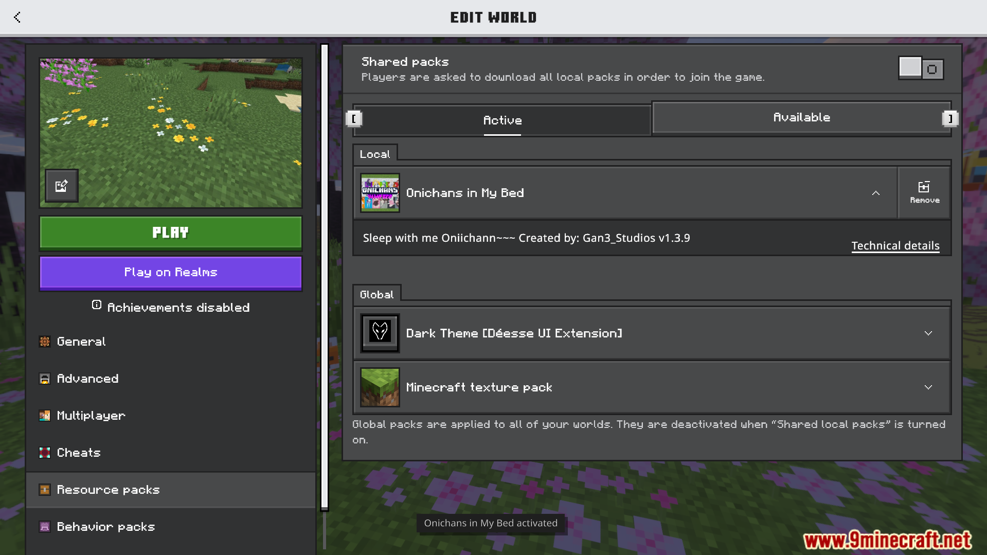 Minecraft settings screen displaying the activated Onichans in My Bed resource pack