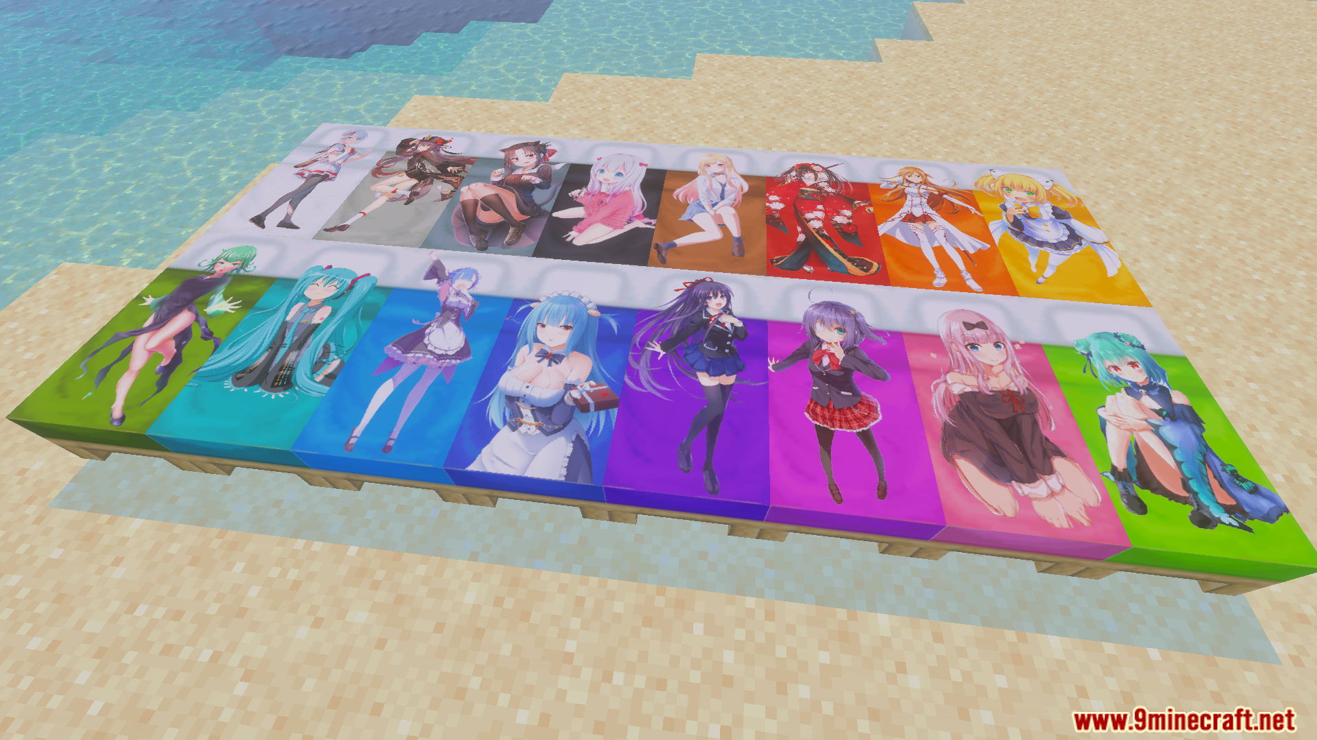 Colorful beds with anime character textures placed on a sandy Minecraft beach