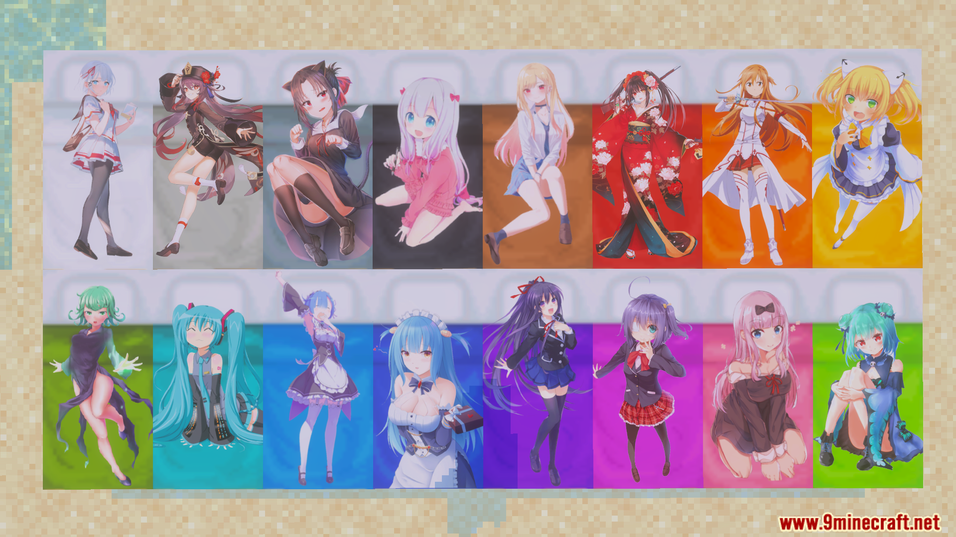 Top down view of sixteen different anime girl designs on Minecraft beds