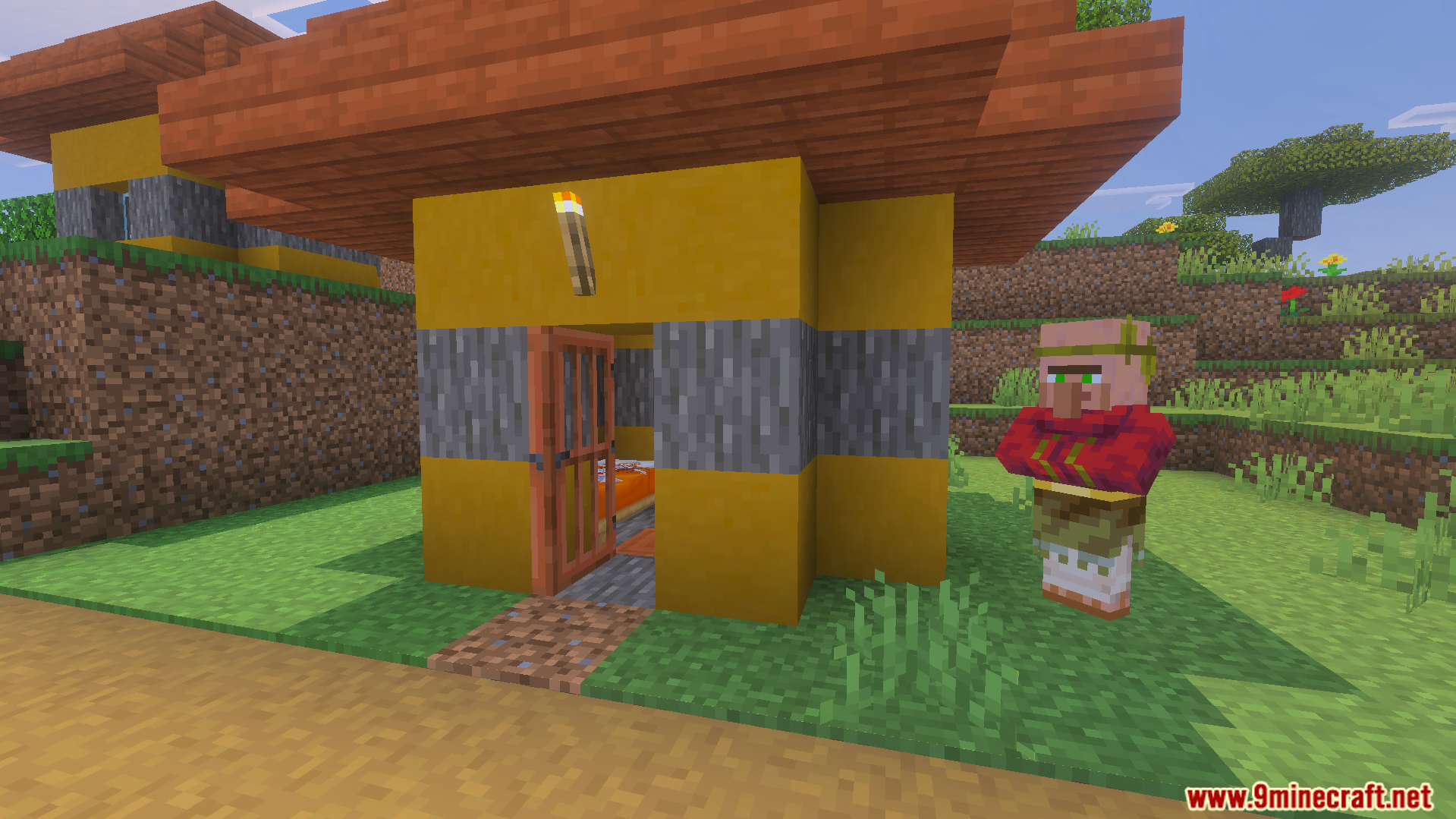 Villager standing outside a house with an anime character bed visible inside