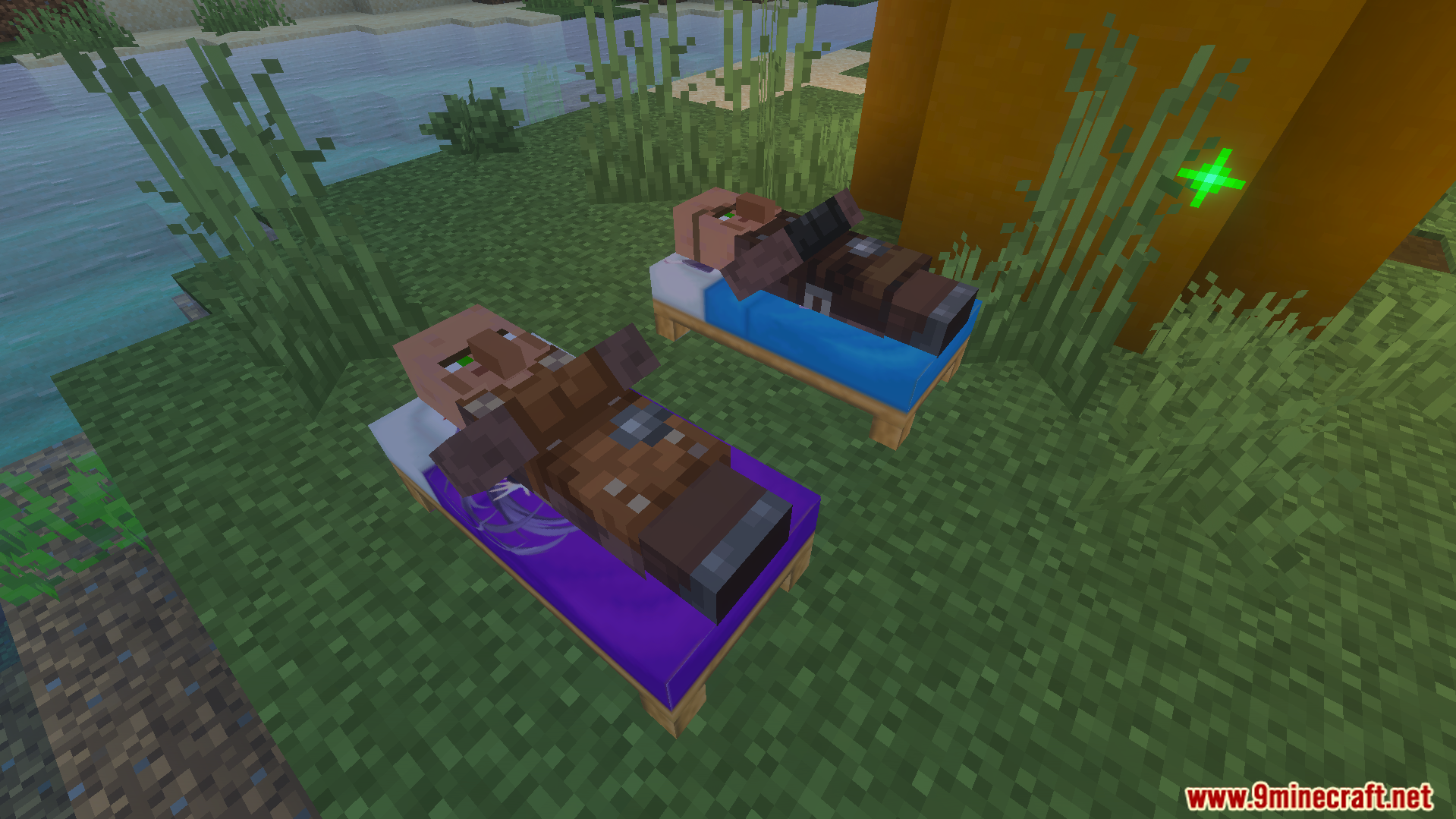 Two villagers sleeping in beds with custom anime girl textures on the blankets