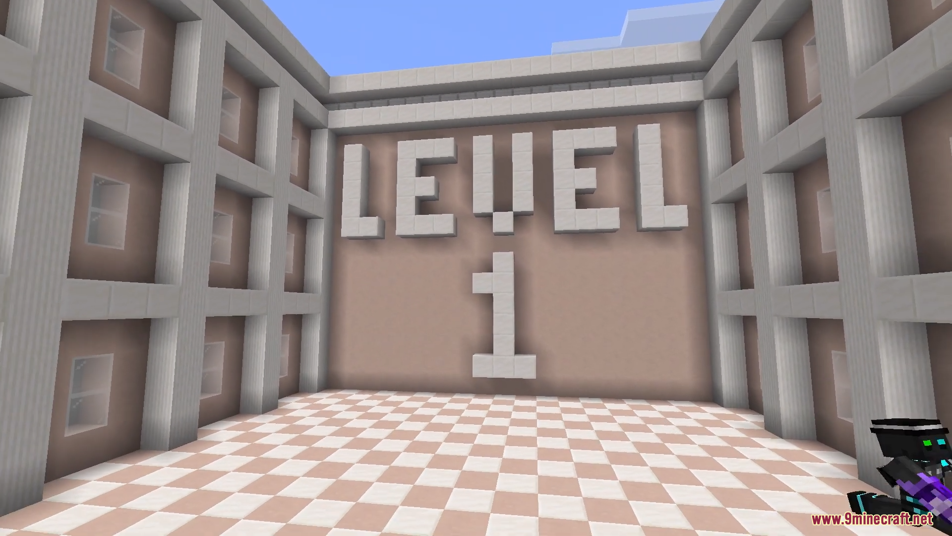 Only One Level Map Screenshot 1 A large white Level 1 sign displayed on a tan wall in Minecraft
