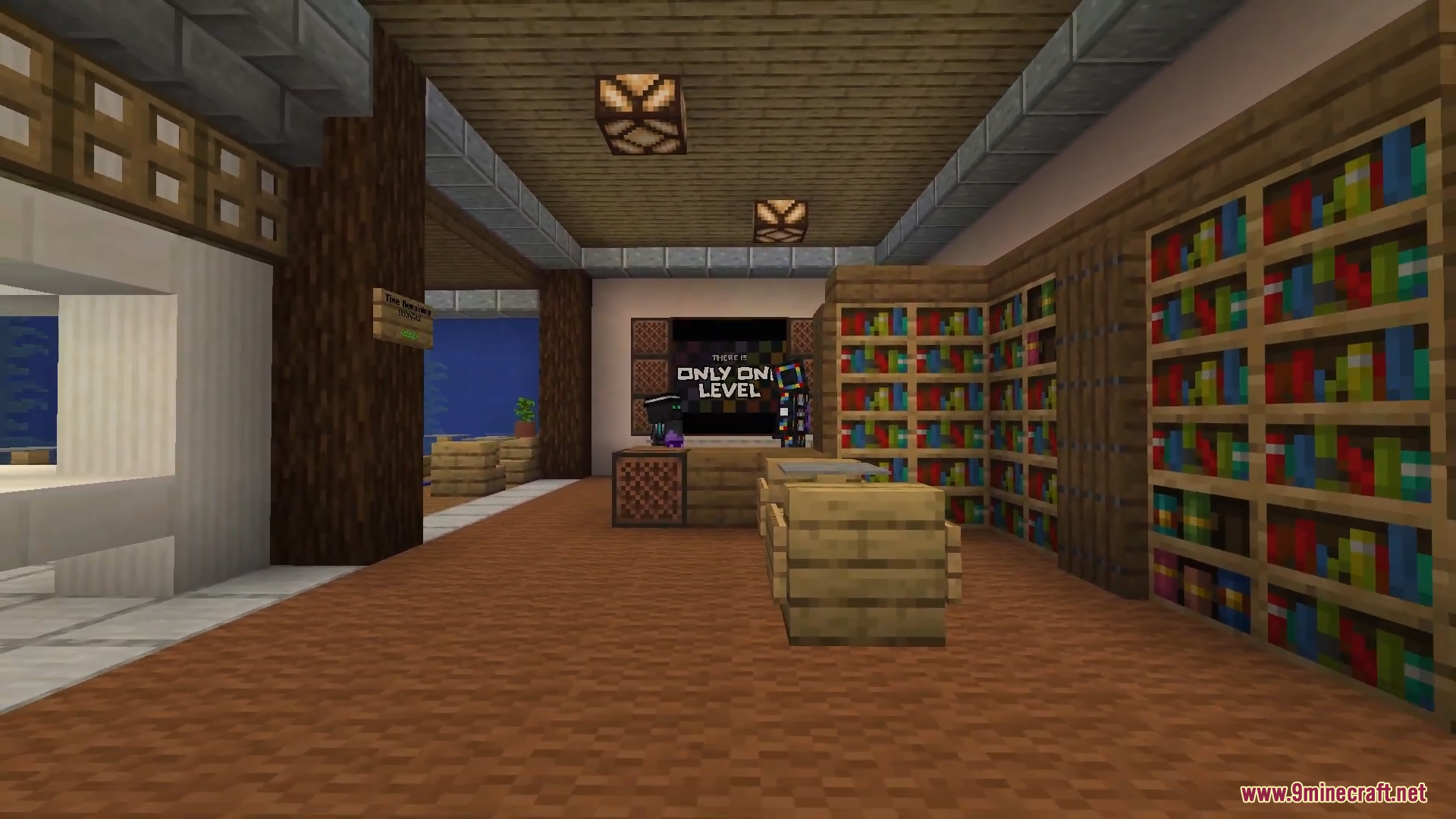 Only One Level Map Screenshot 10 Interior view of a library with bookshelves and an Only One Level sign