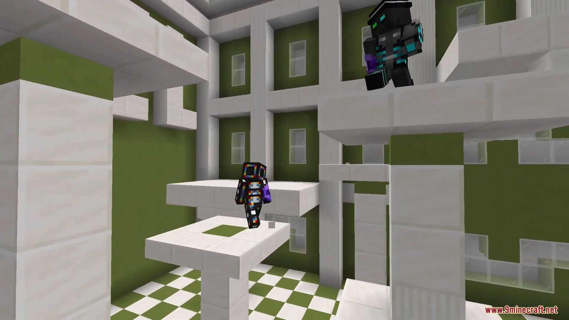 Only One Level Map Screenshot 2 Two players jumping across white platforms in a green room with checkered floors