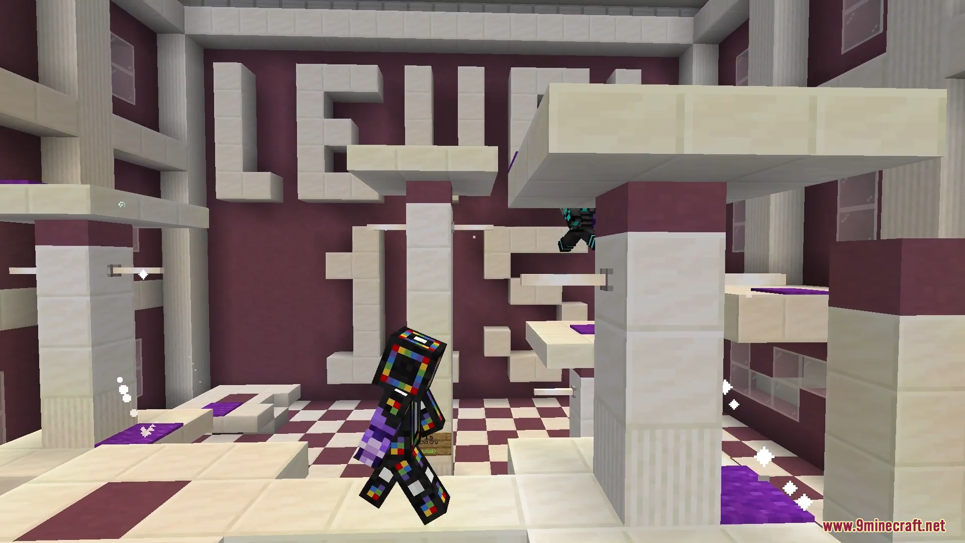 Only One Level Map Screenshot 3 A player with a colorful skin jumps through a purple parkour course