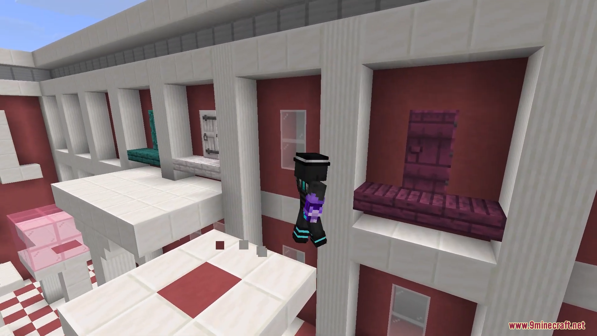 Only One Level Map Screenshot 8 A player character jumps between white platforms in front of a red building