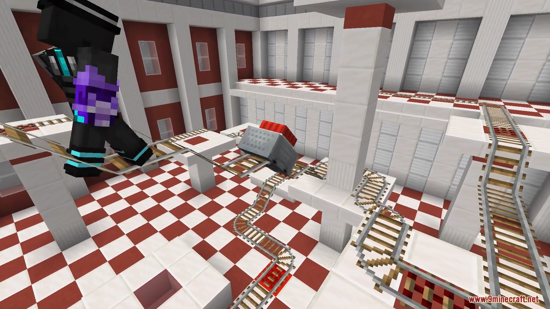 Only One Level Map Screenshot 9 A player character navigates a complex minecart track over a checkered floor