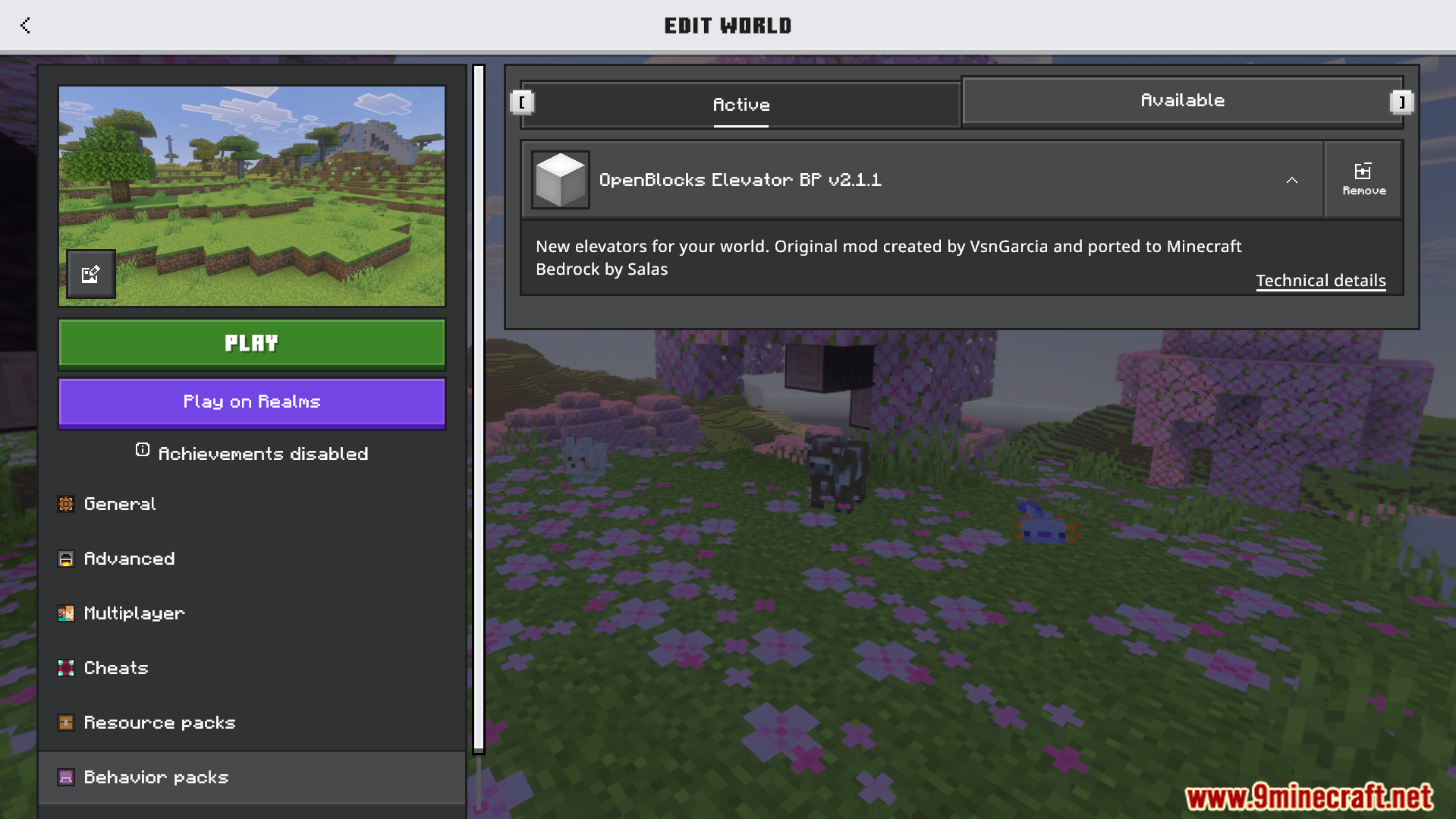 Edit world screen showing the active OpenBlocks Elevator behavior pack in Minecraft