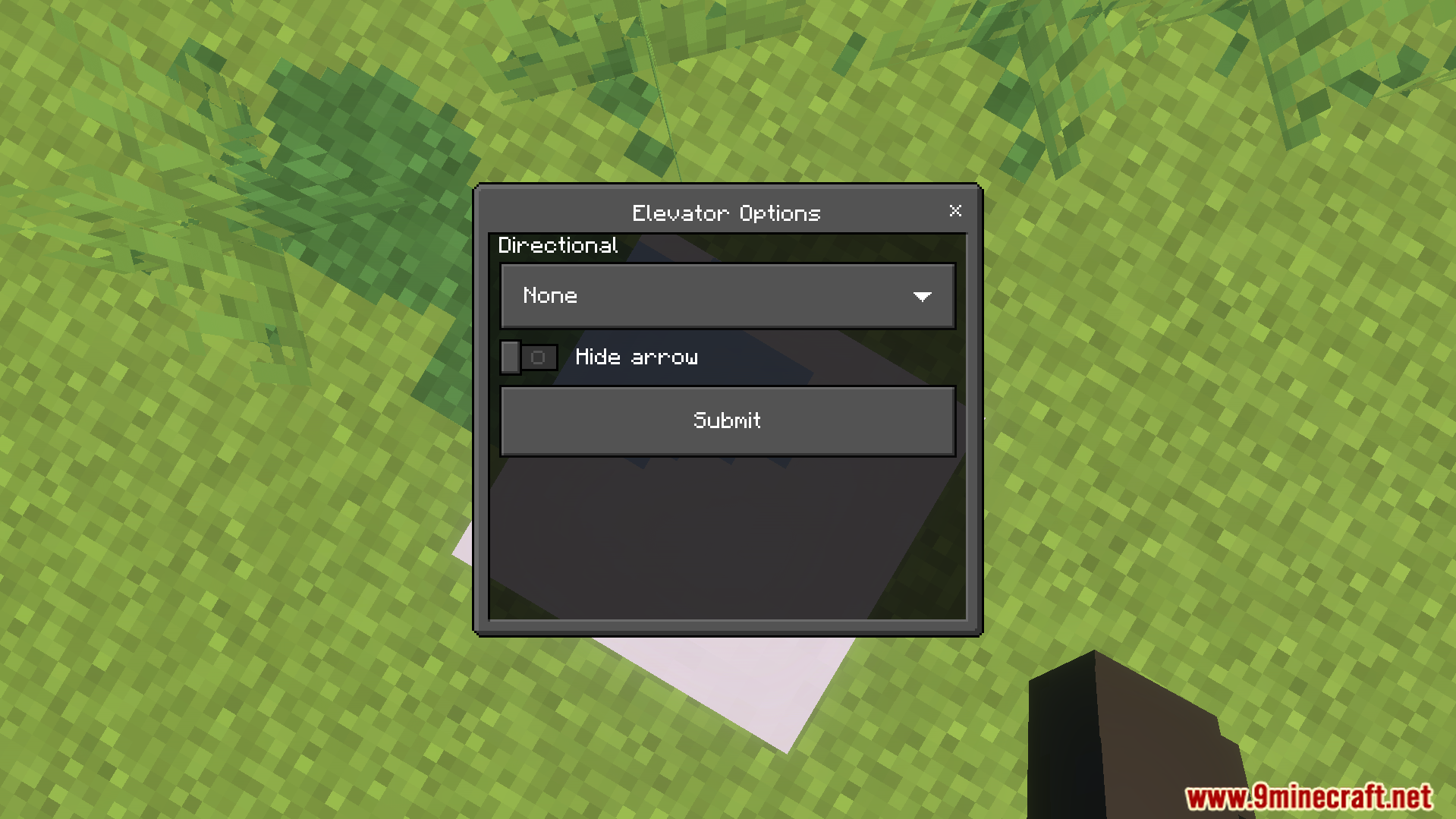 OpenBlocks Elevator Addon menu showing directional settings and a hide arrow option