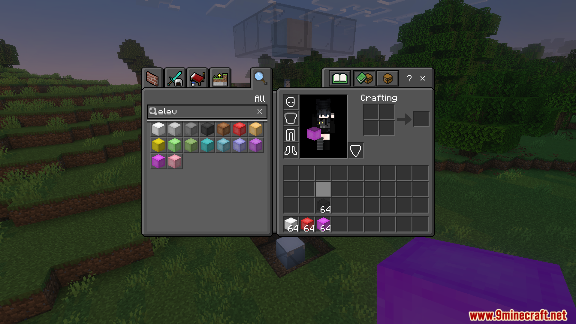 Creative inventory showing many colored elevator blocks from the OpenBlocks Elevator Addon
