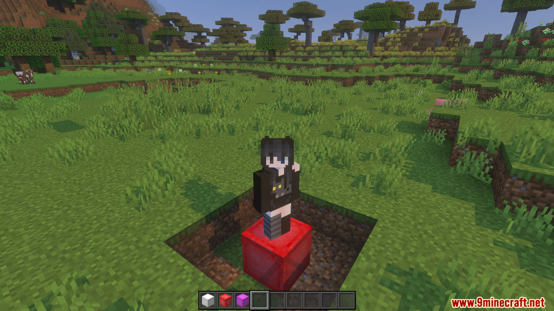 A player character standing on a red elevator block in a field