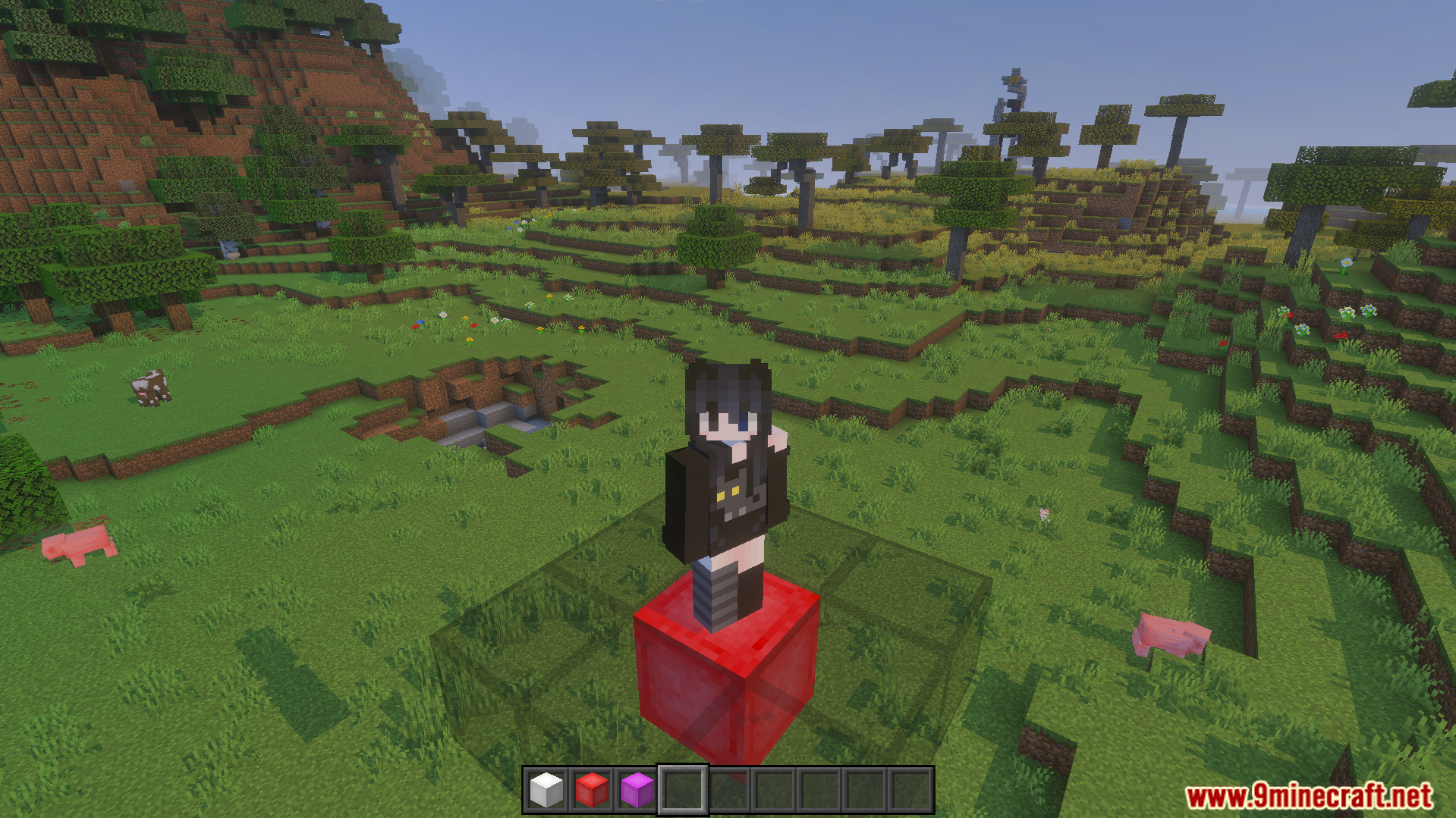 Player standing on a red block from the OpenBlocks Elevator Addon in Minecraft