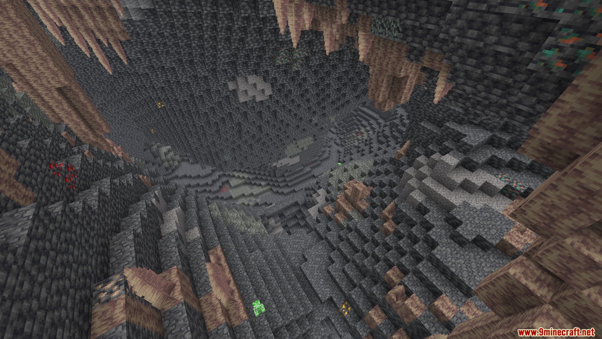 Optimized Fullbright Mod Screenshot 2 A massive cave chamber with stalactites and various ores visible in full brightness