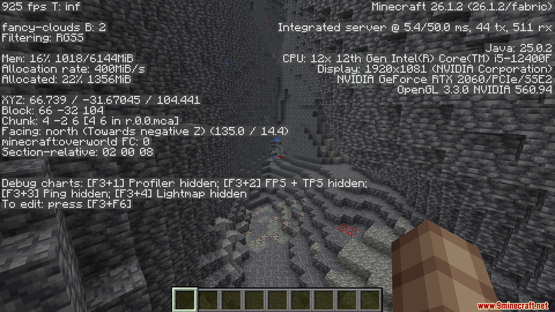 Optimized Fullbright Mod Screenshot 4 The F3 debug menu displayed over a brightly lit deepslate cave environment