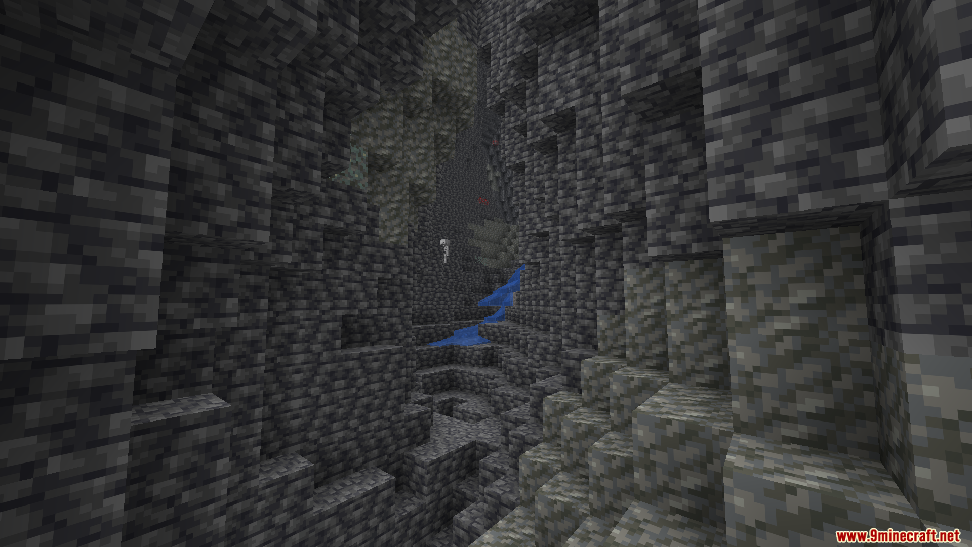 Optimized Fullbright Mod Screenshot 5 Dark Minecraft cave with deepslate blocks and a small flowing water stream