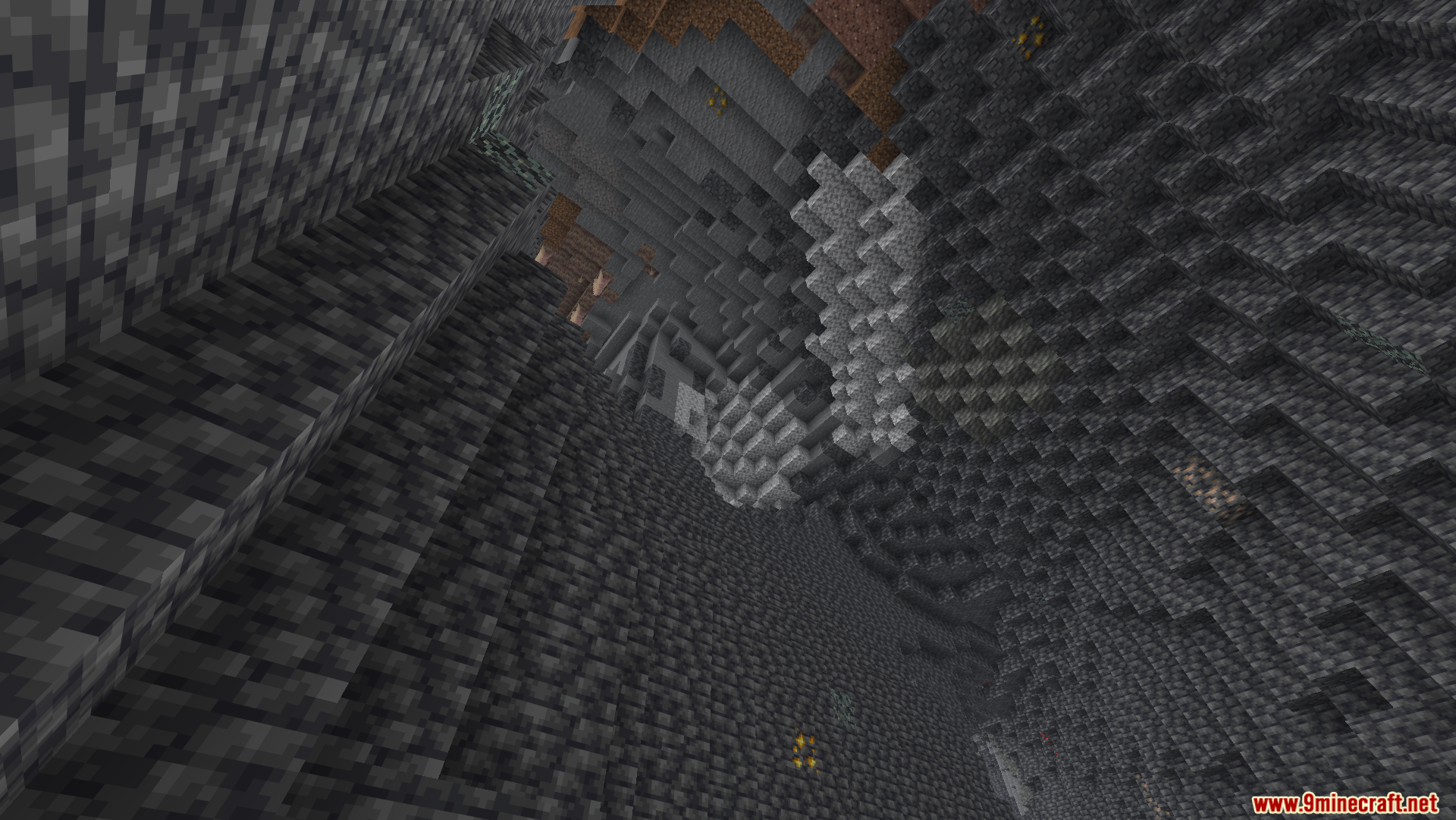 Optimized Fullbright Mod Screenshot 8 A large vertical cave shaft showing various stone blocks and ores clearly