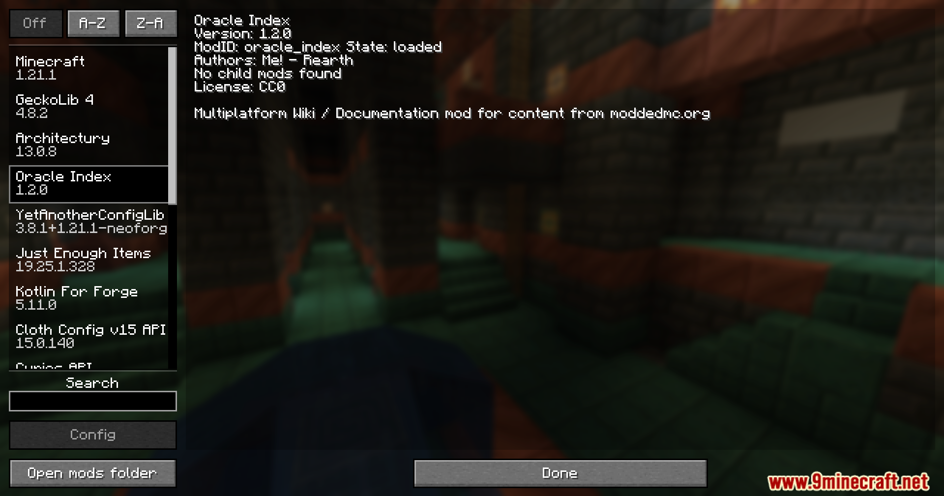 Oracle Index Mod Screenshot 1 A Minecraft mod menu screen showing a list of various installed modifications