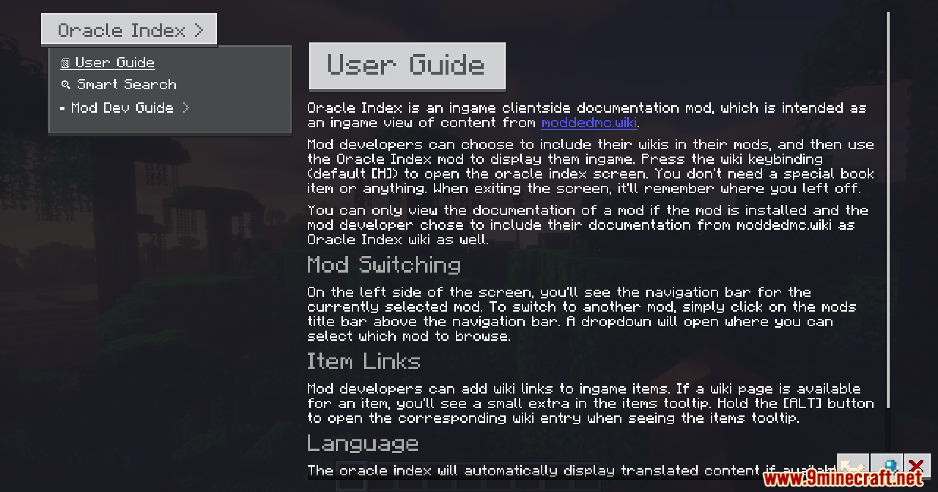 Oracle Index Mod Screenshot 2 The in game user guide screen providing instructions for navigating mod wikis