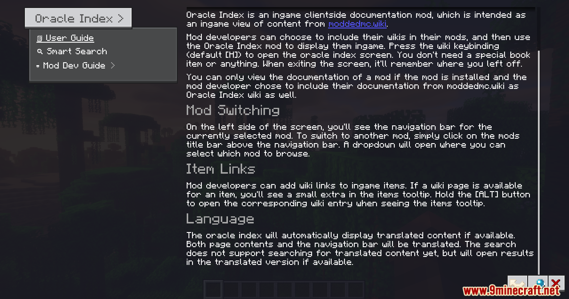 Oracle Index Mod Screenshot 3 A detailed in game documentation menu explaining mod switching and item links