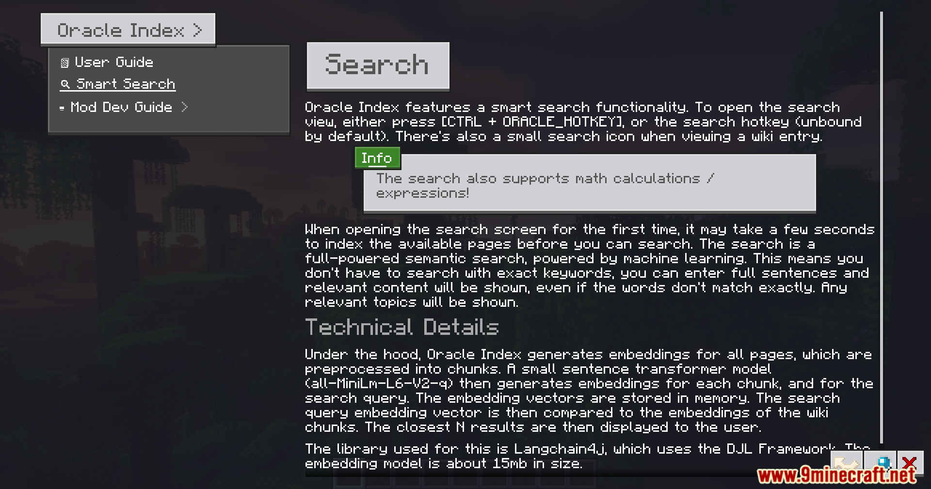 Oracle Index Mod Screenshot 4 Minecraft search interface detailing semantic search features and technical machine learning information
