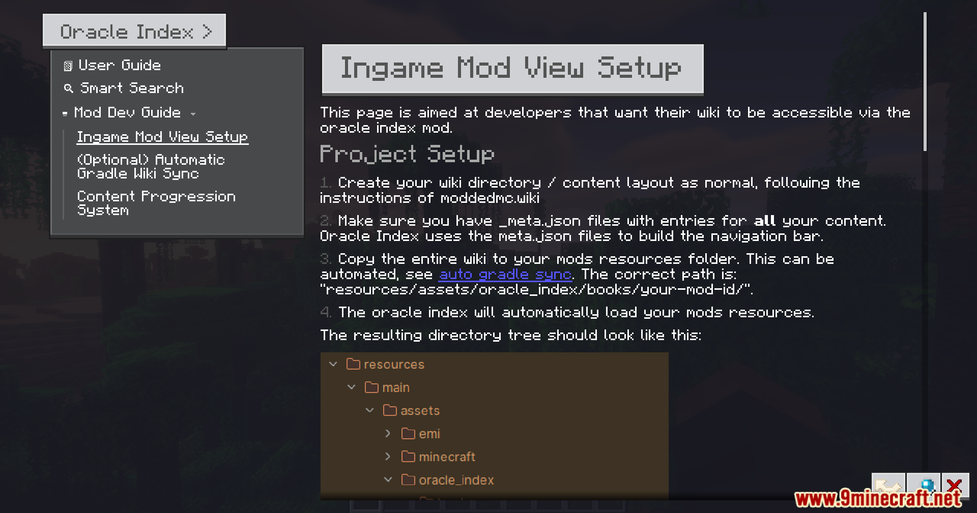 Oracle Index Mod Screenshot 5 Minecraft interface showing project setup instructions for an ingame mod wiki guide