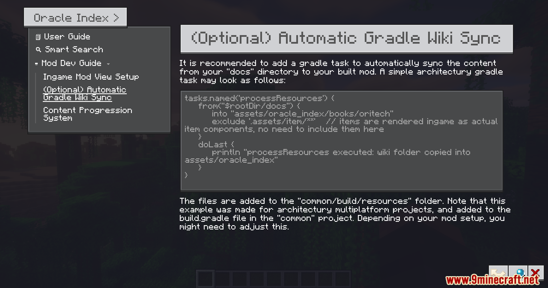 Oracle Index Mod Screenshot 6 Minecraft screen displaying a Gradle code snippet for automatic wiki synchronization tasks