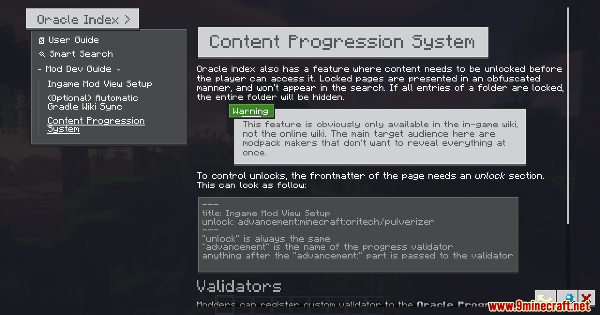 Oracle Index Mod Screenshot 7 In game wiki menu explaining how to lock content behind player progression