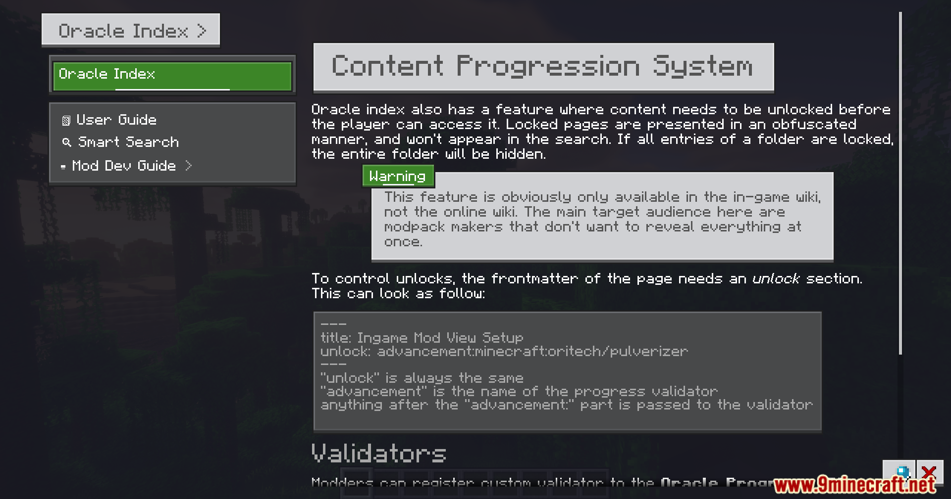 Oracle Index Mod Screenshot 8 Minecraft interface showing technical documentation for the new content progression system feature